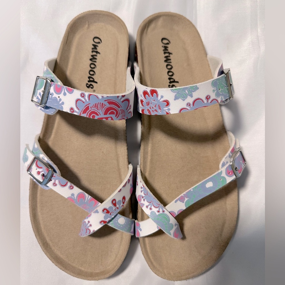 NWOT OUTWOODS Bork-74 PASTEL COMBO Leather Toe-Loop Buckle Flats Sandals Size 10